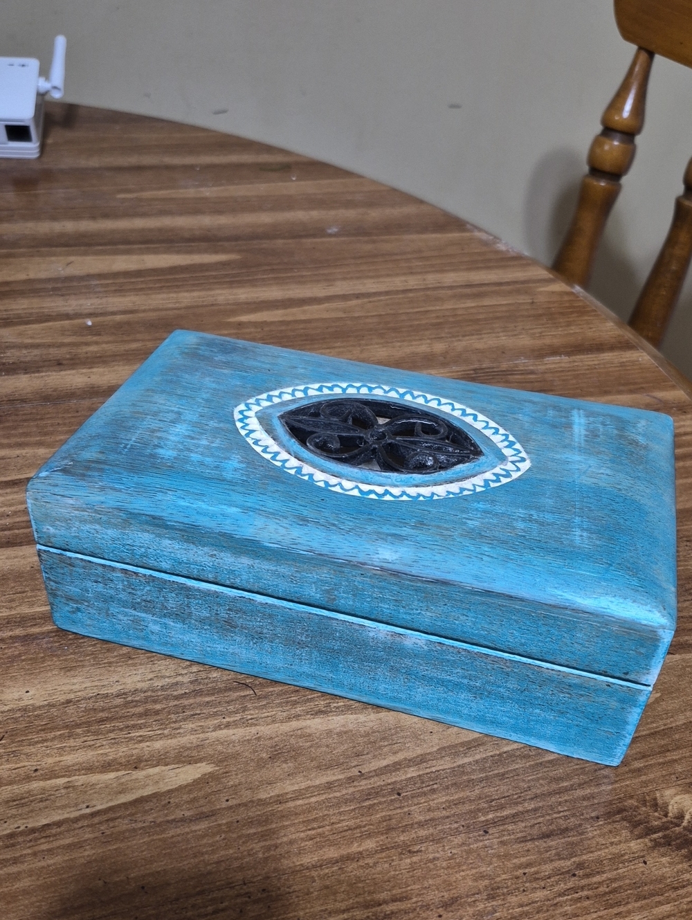 Source Unknown Turquoise Blue Wood Jewelry Box with Carved Oval Accent